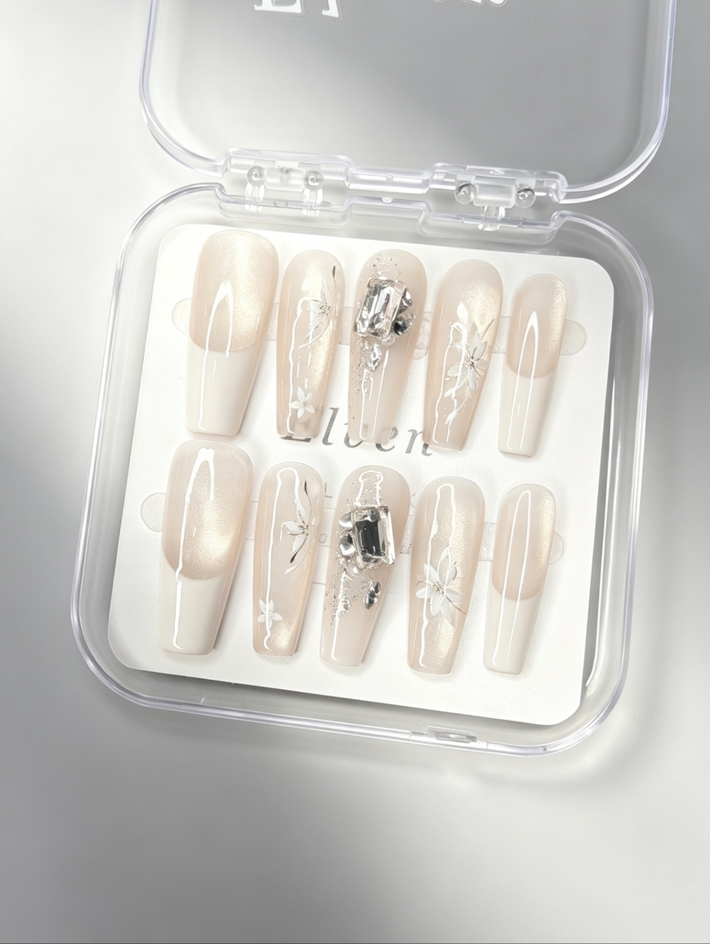 Elegant Nude White French Tip Cat Eye Handmade Press On Nails Long Coffin